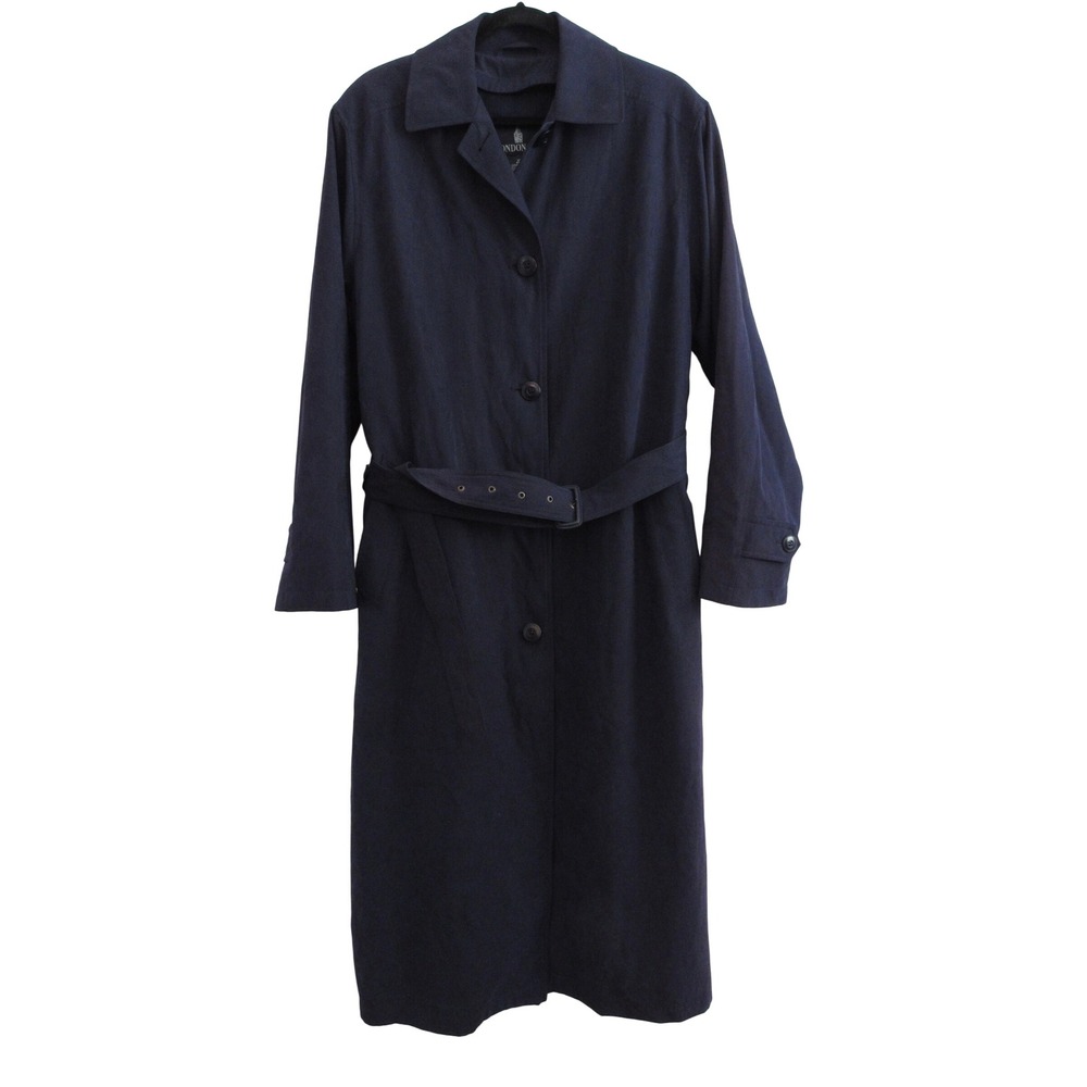 London Fog Trench Rain Coat Women 12 Navy Blue Belted Zip out Liner Long Classic - Picture 1 of 8